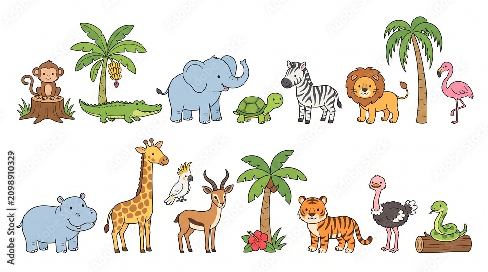 Obraz premium Jungle animals. Cute safari wild mammals. Funny exotic mammal, bird and reptile. Elephant, parrot, lion, crocodile, turtle and palm tree. Kids vector set
