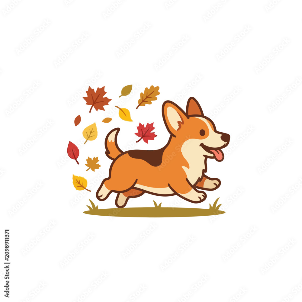 Obraz premium Corgi dog running in autumn leaves.