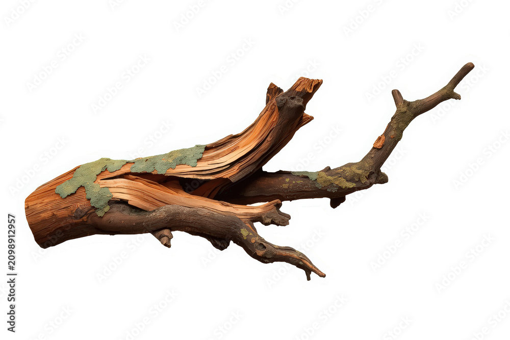 Fototapeta premium Weathered driftwood branch with cracked bark and moss, showing organic texture and natural decomposition on transparent background