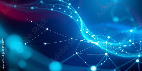 Abstract Blue Futuristic Technology Background with Glowing Stars, Digital Energy Waves, Electric Lines and Space Inspired Network Illustration Design