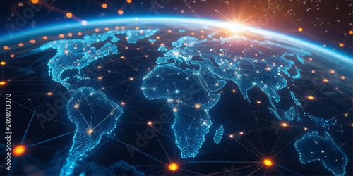 Foto Abstract Blue Planet Earth with Glowing Stars, Digital Energy Waves and Futurist