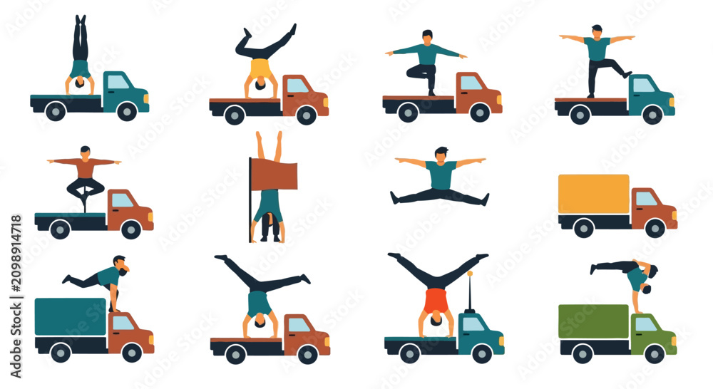 Fototapeta premium Acrobatic Team Performs Stunts on Flatbed Trucks, Balancing and Yoga Poses
