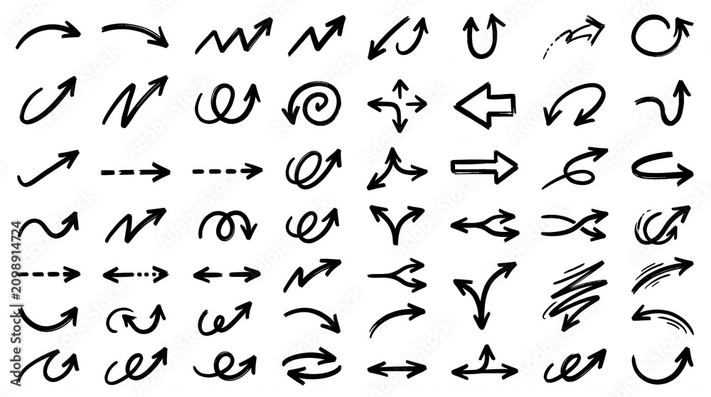 Obraz premium Collection of hand drawn arrows in black and white for various directional purposes.