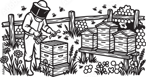 Fotografie Beekeeper, beekeeping illustration, apiary vector, bee farm, insect care