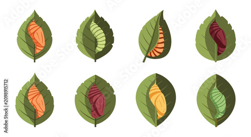 Konstfotografi Set of Colorful Butterfly Pupae on Green Leaves Illustration