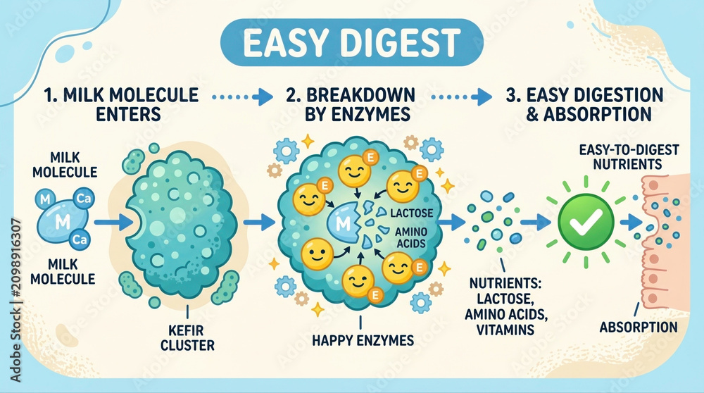 Naklejka premium Illustration depicting the kefir digestion process showcasing the breakdown of milk molecules by enzymes in detail