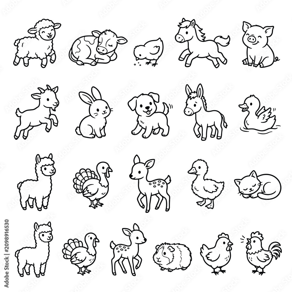 Obraz premium Kawaii farm animal doodles, 20 cute livestock line art icons, hand drawn minimalist animal illustrations for coloring and stickers