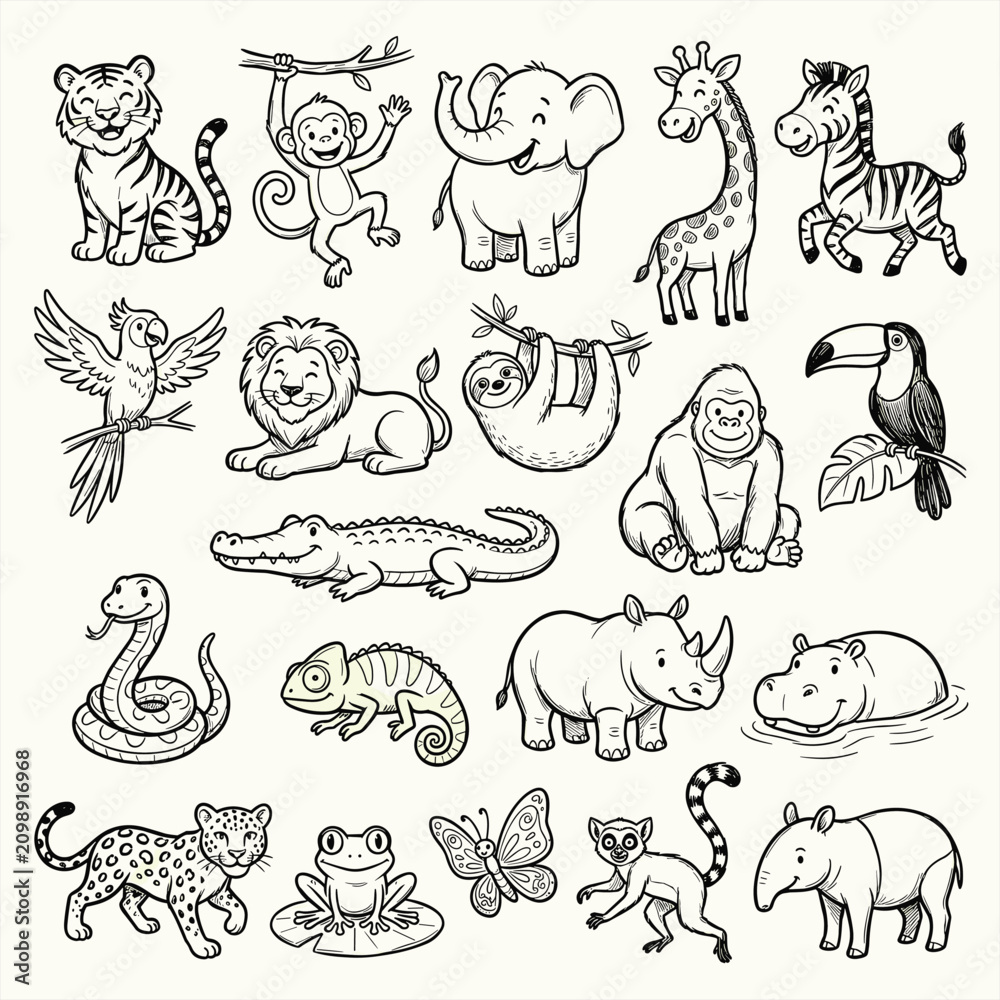Fototapeta premium Hand-drawn jungle animals vector set, cute safari animal illustrations for coloring book, black and white wild zoo creatures collection