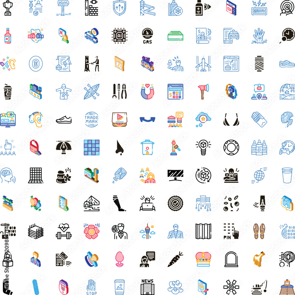 Naklejka premium Big collection of pictogram icons covering a wide range of topics like lifestyle, healthcare, communication, transport, money, and various business concepts on a white background