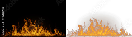 Realistic fire flames on black and transparent backgrounds. Orange burning blaze border element for VFX and graphic design. Isolated fire effect with alpha channel preview
