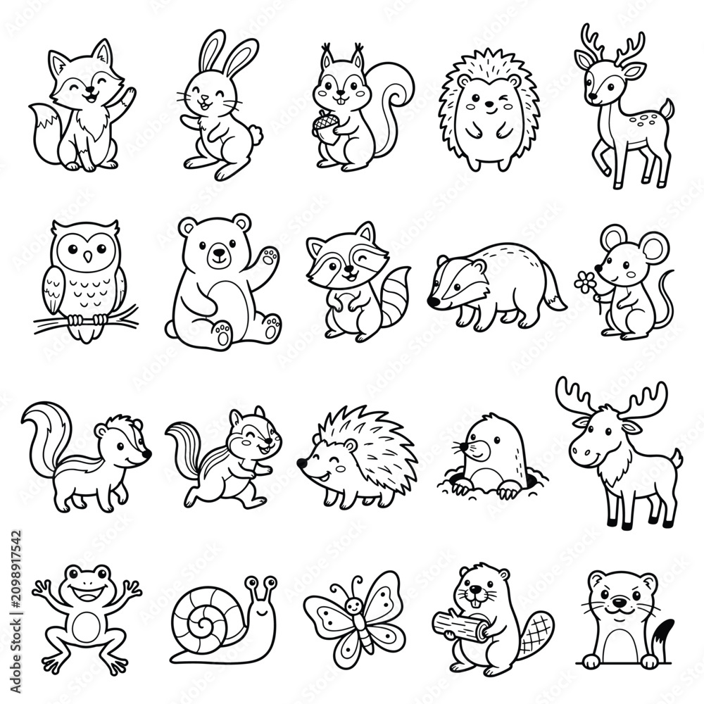 Fototapeta premium Cute forest animals coloring book set, 20 woodland creature line art icons, black and white cartoon animal illustrations for kids education