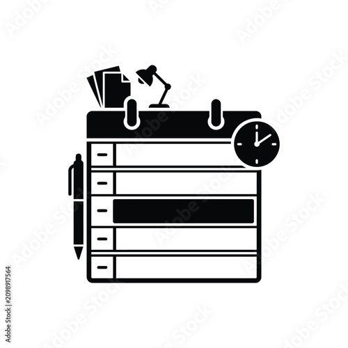 Desktop Planner Sheet with Clock and Pen Icon, Daily Schedule and Time Management Silhouette Vector
