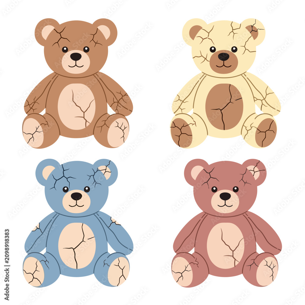 Fototapeta premium Four Vintage Teddy Bears with Cracked Texture, Isolated on White Background