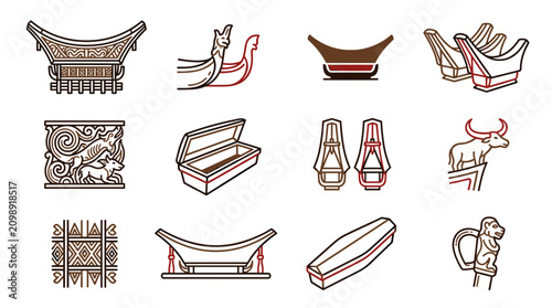 Foto Traditional Torajan Funeral Objects: Coffins, Ancestor Statues, and Buffalo Moti
