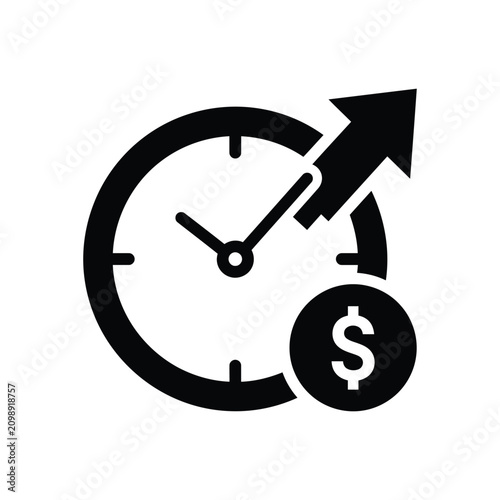 Clock with Growth Arrow and Dollar Sign, Time is Money and Financial Investment Concept Silhouette Vector
