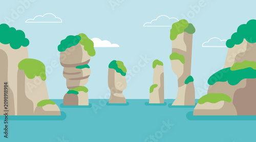 фотографія Minimalist vector illustration of tropical sea stacks and islands in blue water