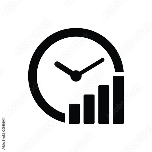 Clock Face with Growing Bar Chart Icon, Productivity Analytics and Time Optimization Silhouette Vector
