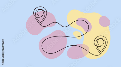 Route between two map location pins with abstract shapes illustration