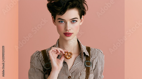 Woman in Suspenders Holding Small Pretzel.
