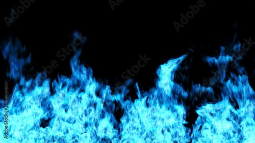 Blue fire burning on black background. Blazing blue flames wall of fire. Bright blue fire waves burning loop. Magical blue flames