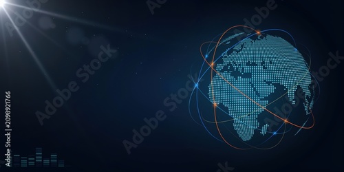 Digital earth globe with connecting lines and glowing dots background