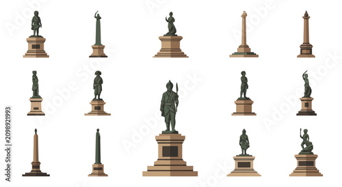 Set of Historical Statues and Monuments on Pedestals