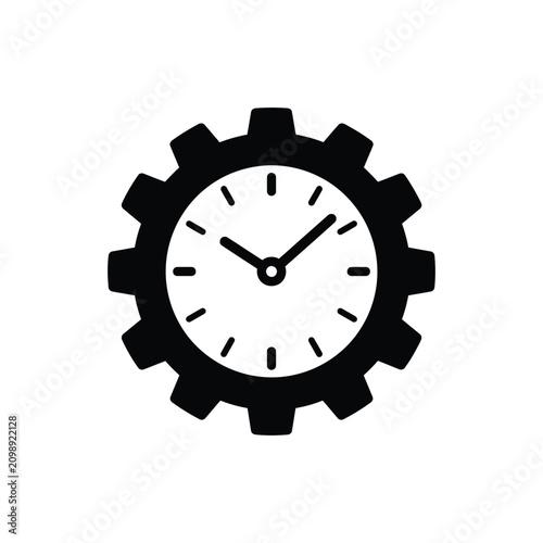 Clock with Gear Icon, Time Management and Workflow Efficiency Concept, Minimalist Silhouette Vector