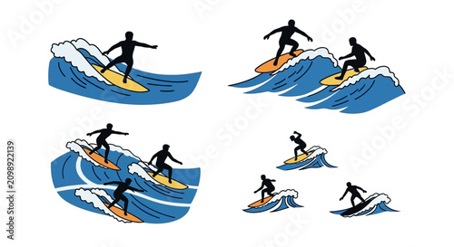 Cuadro en lienzo Set of Surfers Riding Ocean Waves Vector Illustration