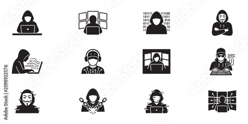 Hacker and cyber crime icon set. Anonymous person in hood, system hacking, data breach, binary code, mask, computer security threat, and glitch effect. Vector illustration.