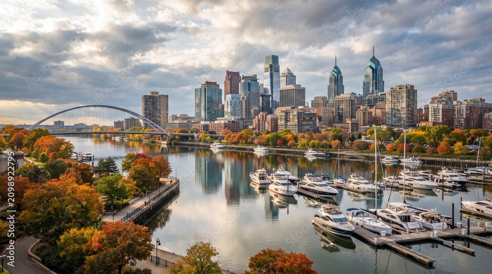 Obraz premium Modern Riverfront City Skyline with Luxury Marina and Vibrant Autumn Foliage Under Dramatic Cloudy Sky