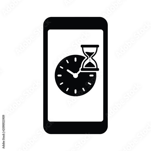  smartphone icon with clock face and hourglass badge. Mobile time tracking application, countdown timer, and productivity concept. Flat black vector silhouette isolated on white background.