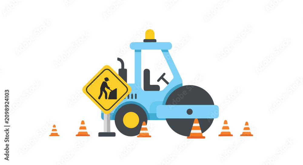 Naklejka premium This vector illustration features a light blue road roller with orange traffic cones and a yellow construction sign on a plain white background.