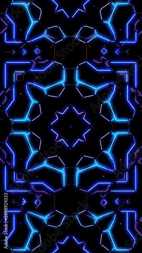 Neon blue and purple geometric lines creating a futuristic digital pattern against a dark black background.