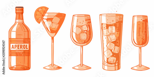 фотографія Orange Cocktails And Aperol Bottle Illustrated Vector Arrangement