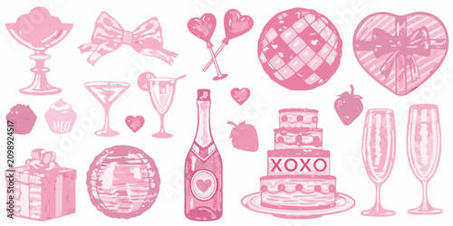 Celebration illustrations with champagne cake and hearts in pink tones