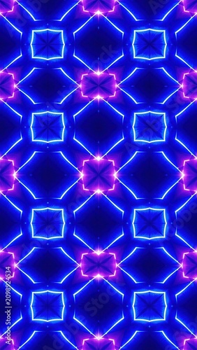 Glowing geometric patterns forming a seamless symmetrical design with blue and purple light on a dark surface.