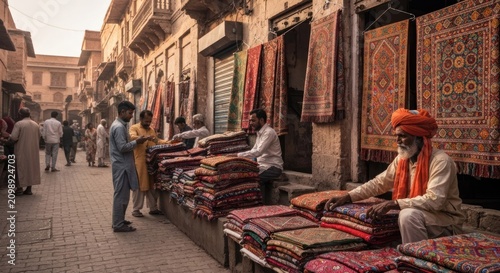 Narrow alleyway in an Indian bazaar.  Colorful textiles for sale.  People browsing