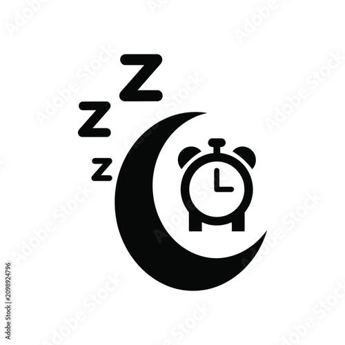 Minimalist sleep icon with crescent moon, alarm clock, and zzz snoring sign. Good night schedule, bedtime routine, healthy sleep cycle, and insomnia concept. Flat black vector silhouette isolated on w