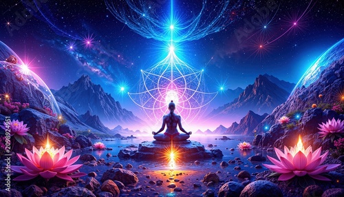 Person practicing yoga in lotus position absorbing cosmic energy connecting to sacred geometry in a peaceful celestial landscape.