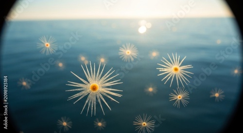 Oceanic star-shaped organisms float in the water