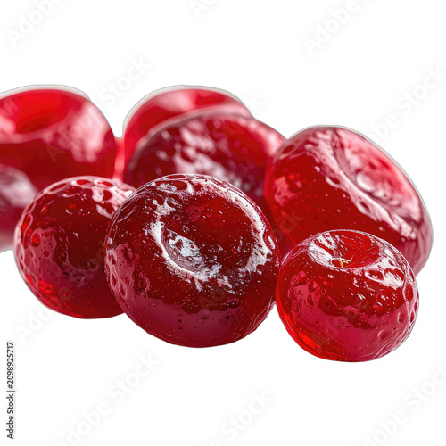 A cluster of glistening, ruby-red candied cherries arranged against a stark black background.