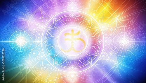 Om symbol centered in a celestial mandala representing cosmic energy enlightenment and spiritual harmony.