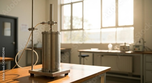 Metal lab apparatus on light-wood table. Sunlight through window