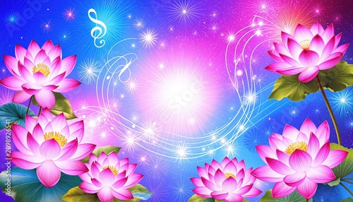 Pink lotus flowers flourishing presenting a spiritual calm Music elements and sparkling lights creating an uplifting atmosphere.