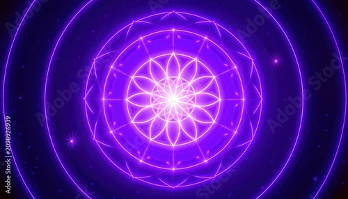 Sacred symmetry creating a meditative atmosphere with glowing neon lines Cosmic flower of life design on a dark starry expanse.