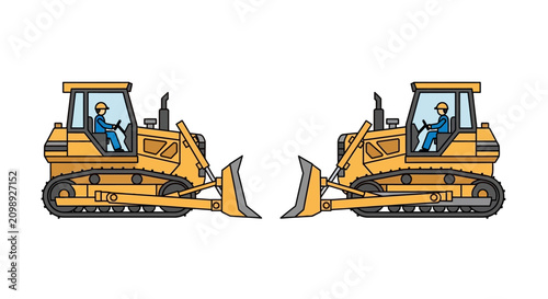 Canvas Print Two Yellow Bulldozers Facing Each Other with Drivers on White Background