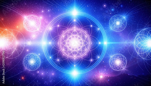 Sacred geometry symbols illuminating the universe representing spirituality meditation and cosmic connection with glowing light.