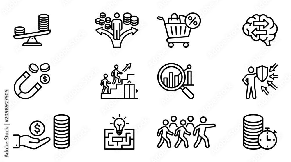 Obraz premium Business Growth Icons: Finance, Strategy, Marketing, Innovation, Teamwork, Analytics