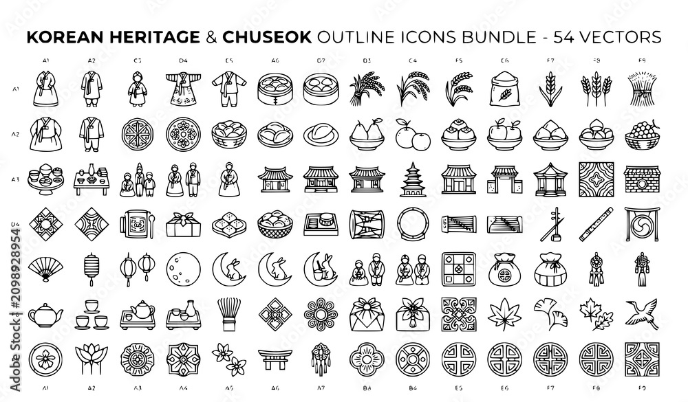 Fototapeta premium Korean Heritage Chuseok Line Icon Collection with Harvest Festival and Traditional Symbols