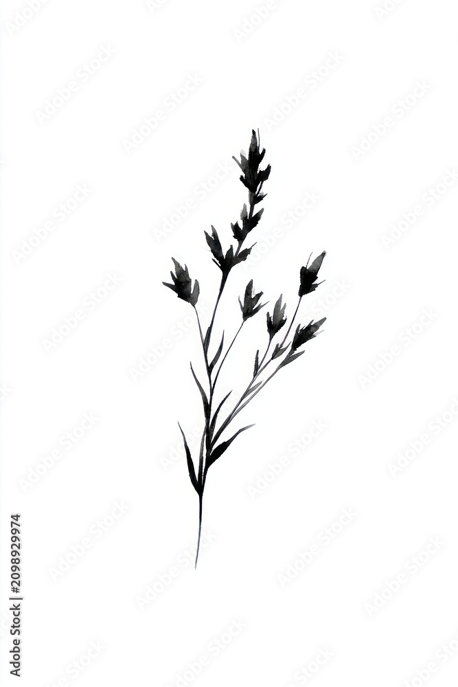 Obraz premium Minimalist black ink illustration of a delicate flower stem on white.